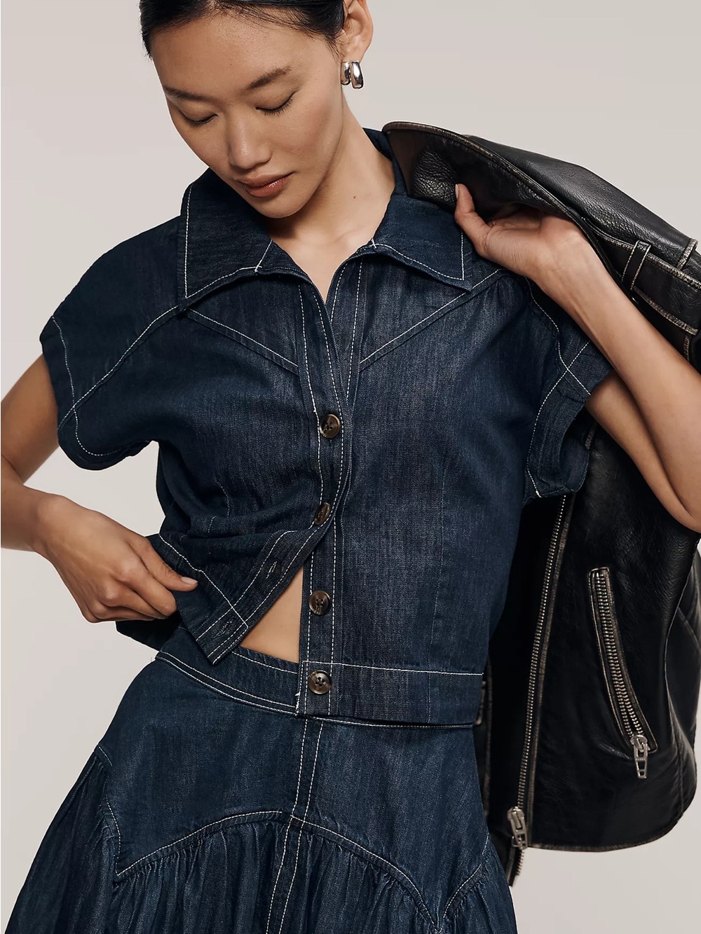 Anthropologie Dark Blue Denim Button-Front Short Sleeve Top